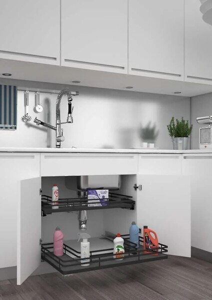 Rev-A-Shelf - 36" Orion Gray Undersink Pullout U-Shape Basket w/ Soft-Close