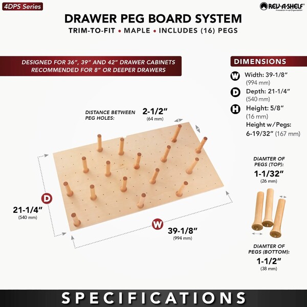 Rev-A-Shelf - 39" Maple Cut-To-Size Insert Peg System for Drawers