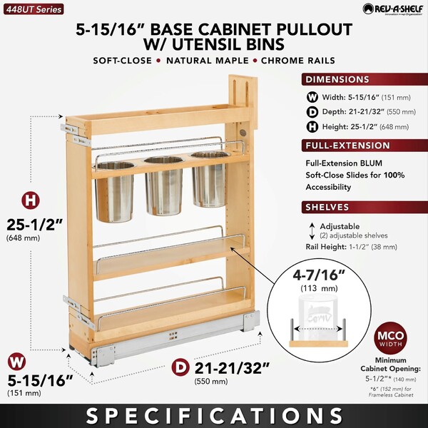 Rev-A-Shelf - 5" Base Cabinet Pullout Utensil Base Organizer Blumotion Soft-Close