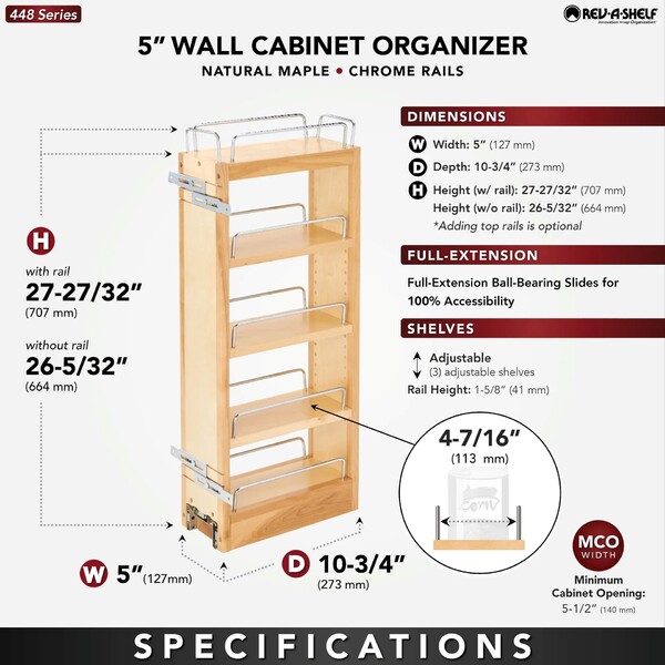 Rev-A-Shelf - 5" Cabinet Pullout Organizer with Wood Adjustable Shelves Wall Accessories