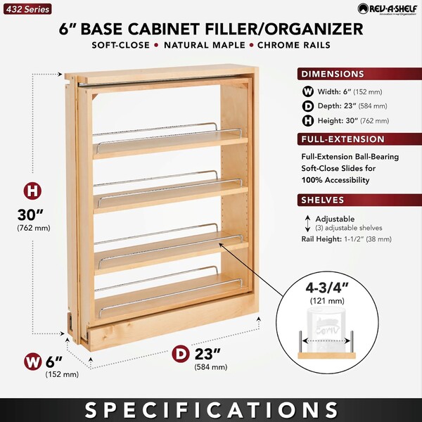 Rev-A-Shelf - 6" Filler Pullout Organizer with Ball Bearing Soft-Close