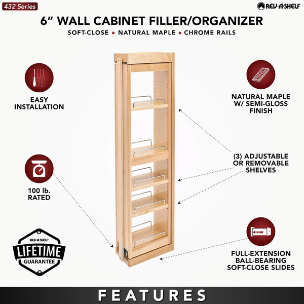 Rev-A-Shelf - 6" x 42" Soft-Close Filler Pullout Organizer with Wood Adjustable Shelves Wall Accessories