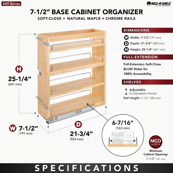 Rev-A-Shelf - 7" Bottom Mount Base Cabinet w/ Blumotion Soft-Close