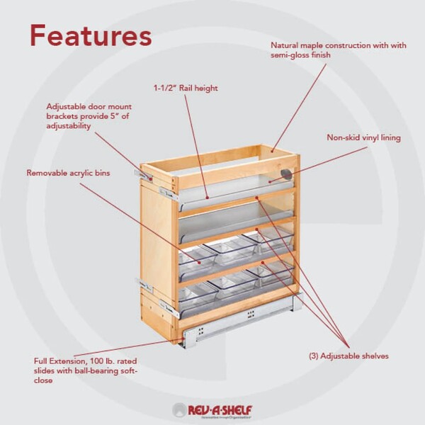 Rev-A-Shelf - 8-1/2" x 20-1/4" Maple Cabinet Pullout Soft-Close Organizer with Wood Adjustable Shelves and Bins