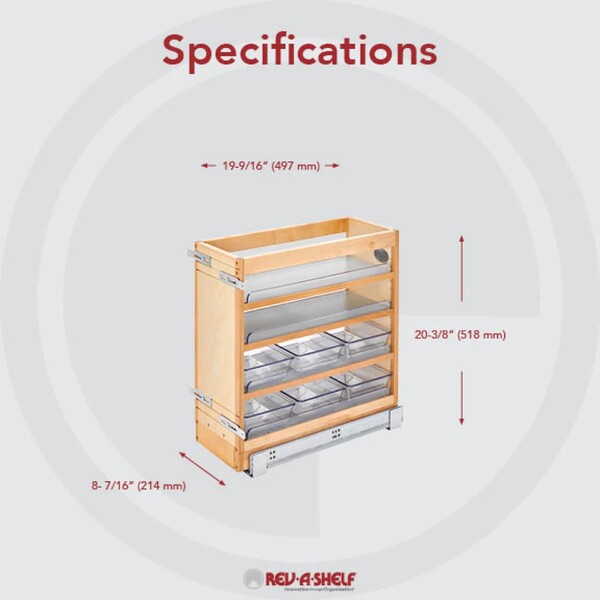 Rev-A-Shelf - 8-1/2" x 25-1/2" Maple Cabinet Pullout Soft-Close Organizer with Wood Adjustable Shelves and Bins