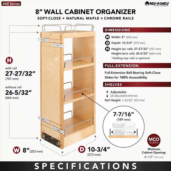 Rev-A-Shelf - 8" Cabinet Pullout Organizer with Soft-Close Wall Accessories