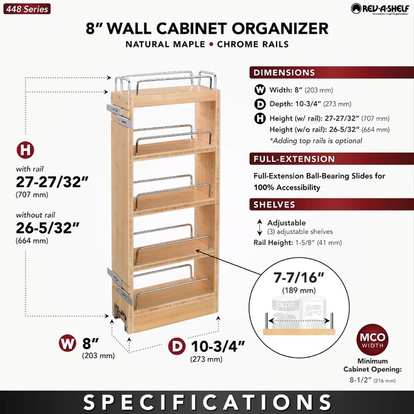 Rev-A-Shelf - 8" Cabinet Pullout Organizer with Wood Adjustable Shelves Wall Accessories