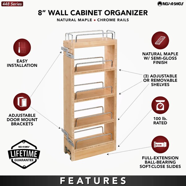 Rev-A-Shelf - 8" Cabinet Pullout Organizer with Wood Adjustable Shelves Wall Accessories
