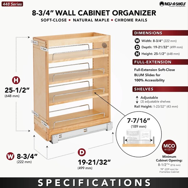 Rev-A-Shelf - 8" Maple Base Cabinet Pullout Organizer REDUCED Depth with Blumotion Soft-Close