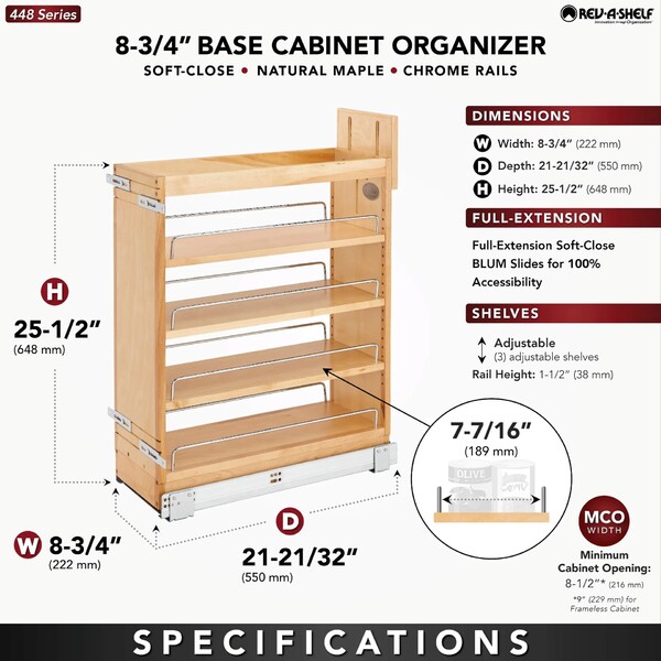 Rev-A-Shelf - 8" Maple Base Cabinet Pullout Organizer with Blumotion Soft-Close
