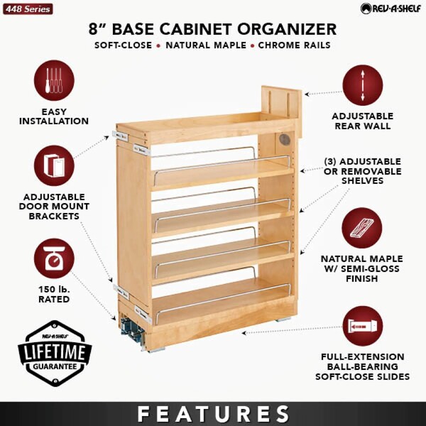 Rev-A-Shelf - 8" Maple Base Cabinet Pullout Organizer with Soft-Close Ball-Bearing Slides