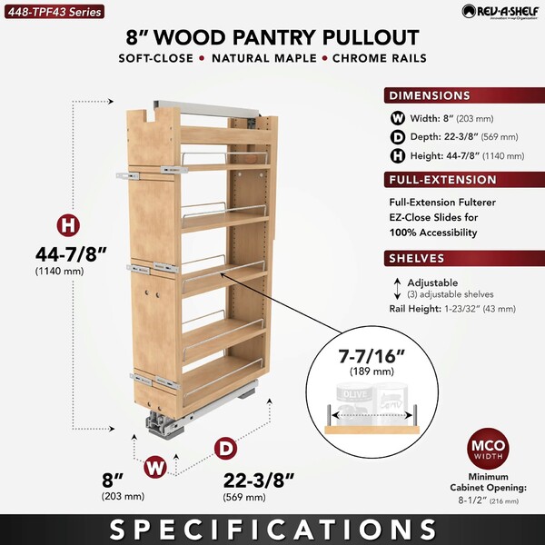 Rev-A-Shelf - 8" x 43" Maple Pullout Wood Tall/Pantry Accessories