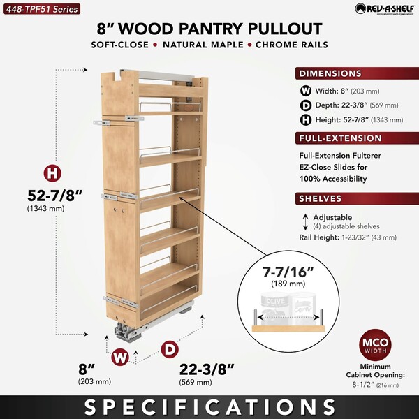 Rev-A-Shelf - 8" x 51" Maple Pullout Wood Tall/Pantry Accessories