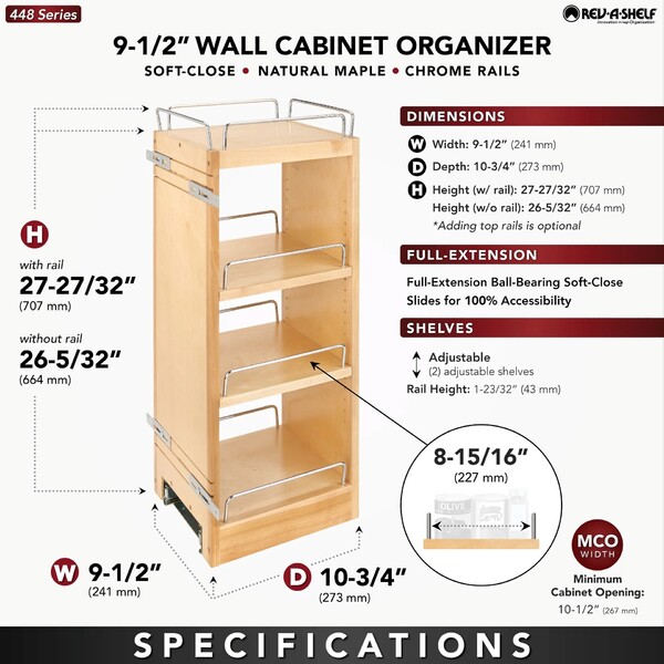 Rev-A-Shelf - 9-1/2" Cabinet Pullout Organizer with Soft-Close Wall Accessories