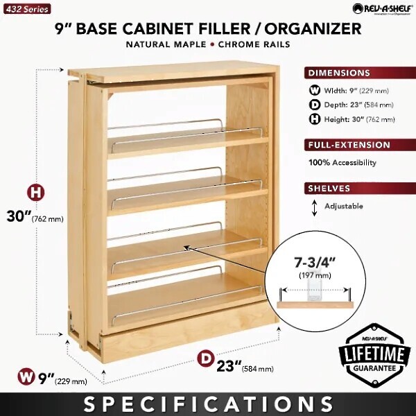 Rev-A-Shelf - 9" Filler Pullout Organizer with Wood Adjustable Shelves