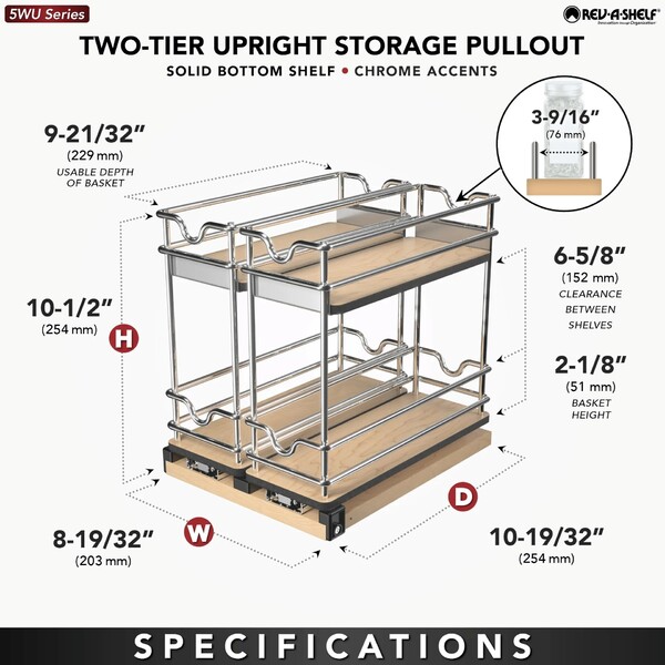 Rev-A-Shelf - 9" Two-Shelf Double Wide Wire Wall Upright Pullout