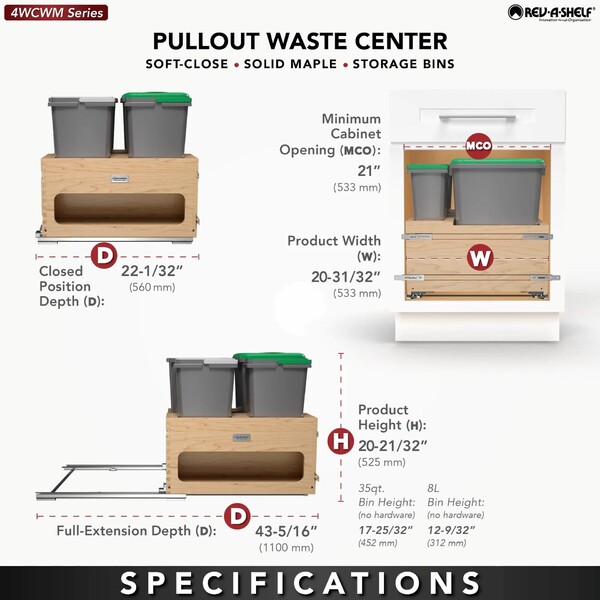 Rev-A-Shelf - Wood Bottom Mount Dbl 35 Qt. & Dbl 8L Organic Waste Center w/ Storage Space, SC