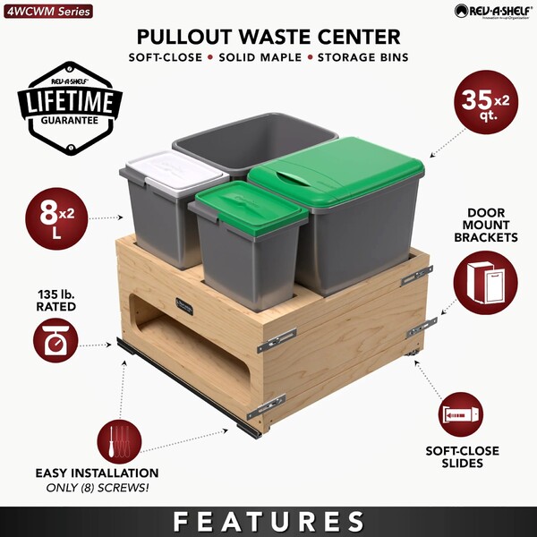 Rev-A-Shelf - Wood Bottom Mount Dbl 35 Qt. & Dbl 8L Organic Waste Center w/ Storage Space, SC