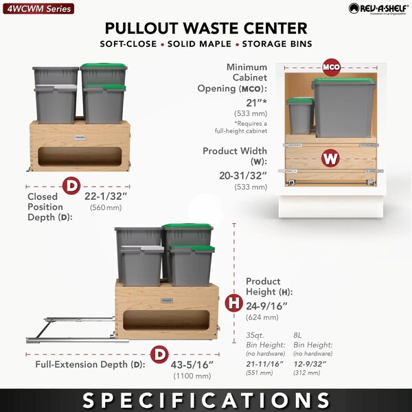 Rev-A-Shelf - Wood Bottom Mount Dbl 50 Qt. & Dbl 8L Organic Waste Center w/ Storage Space, SC