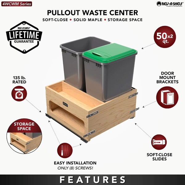 Rev-A-Shelf - Wood Bottom Mount Dbl 50 Qt. Organic Waste Center w/ Storage Space, SC
