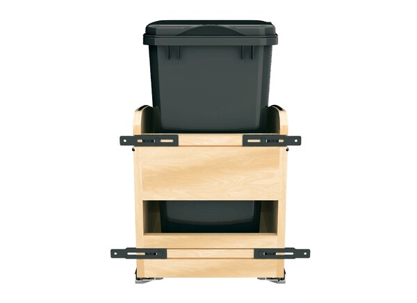 Single Black 35 Qt. Craftsman Collection Solid Maple Bottom Mount Pullout Waste Container w/ Black Accents, (1) Lid and BLUM Soft-Close Slides