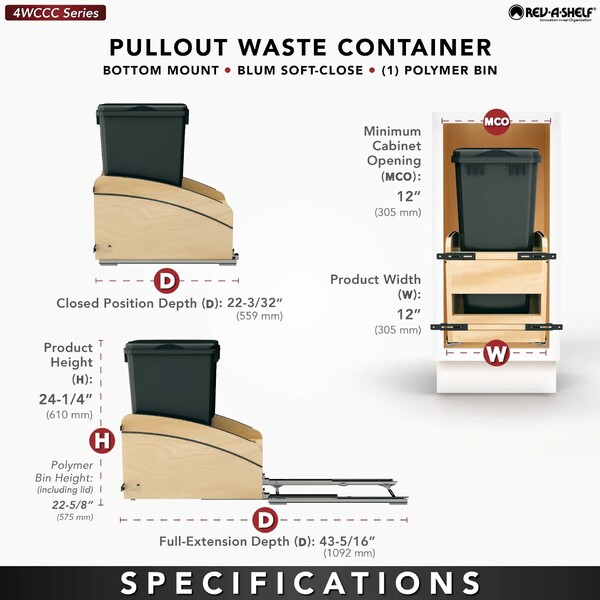 Single Black 50 Qt. Craftsman Collection Solid Maple Bottom Mount Pullout Waste Container w/ Black Accents, (1) Lid and BLUM Soft-Close Slides