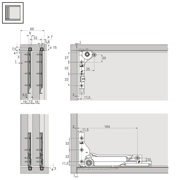 SlideLine M INSET Profile set: 2-track runner profile for screwing on / gluing on, 2500 mm