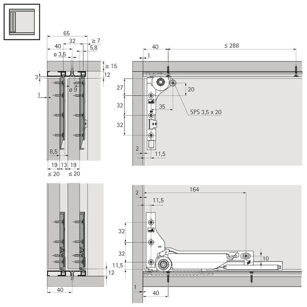 SlideLine M INSET Profile set: 2-track runner profile for screwing on / gluing on, 2500 mm