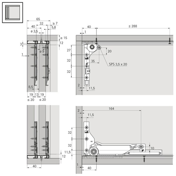 SlideLine M Set of fittings for doors WITHOUT Silent System, 30 kg, Minimum door width in: 300
