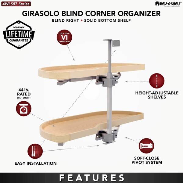Two-Tier Wood Classic Girasolo, Left Opening/Blind Right Corner Cabinet - 12" Opening FF - 13.5" Frameless