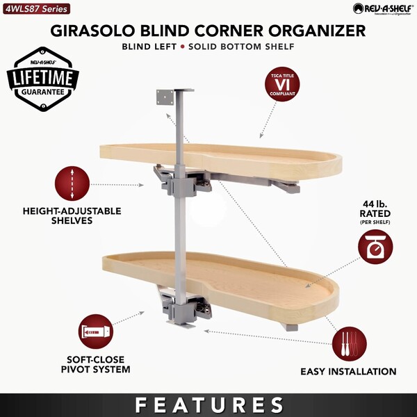 Two-Tier Wood Classic Girasolo for Right Opening/Blind Left Corner Cabinet - 18" Opening FF - 19-1/2" Frameless