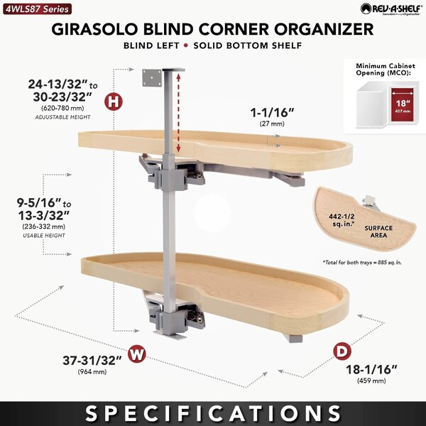 Two-Tier Wood Classic Girasolo for Right Opening/Blind Left Corner Cabinet - 18" Opening FF - 19-1/2" Frameless