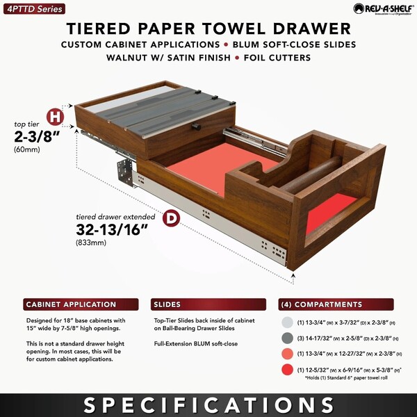 Walnut Wood Base Cabinet Paper Towel Tiered Drawer System w/ Foil Cutters and BLUM Soft-Close