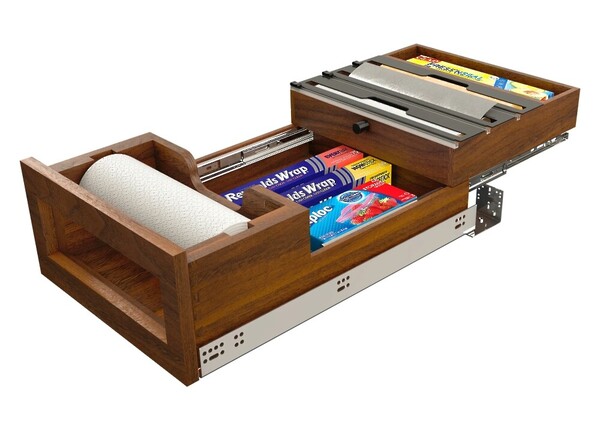 Walnut Wood Base Cabinet Paper Towel Tiered Drawer System w/ Foil Cutters and BLUM Soft-Close