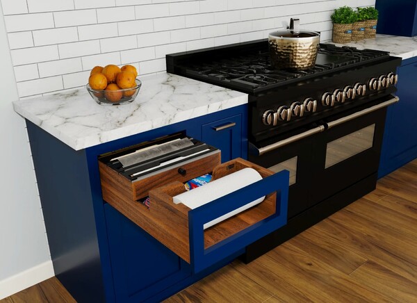 Walnut Wood Base Cabinet Paper Towel Tiered Drawer System w/ Foil Cutters and BLUM Soft-Close