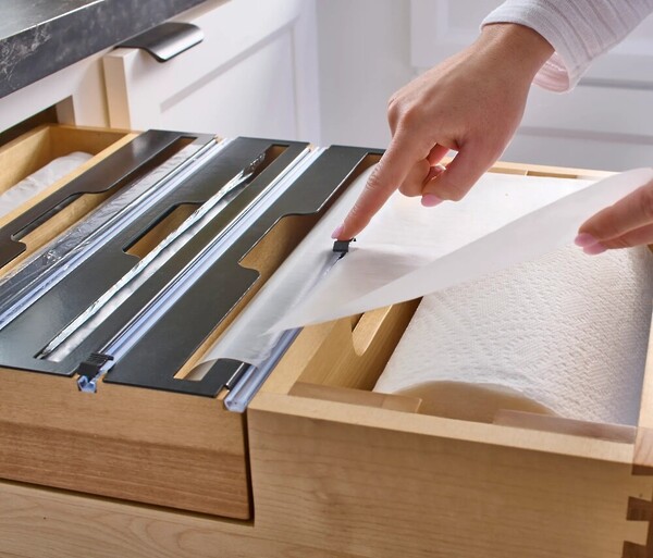 Wood Base Cabinet Paper Towel Tiered Drawer System w/ Foil Cutters and BLUM Soft-Close